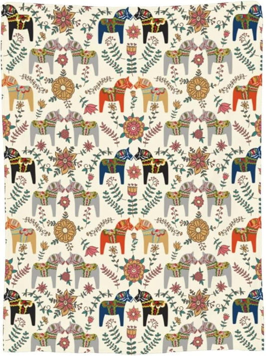 Swedish Dala Horses Fleece Throw Blanket – 80"x60" | Scandinavian Folk Art Design | Soft Blanket for Adults, Couples & Nordic Home Decor