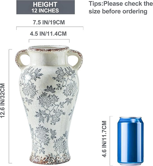 Ceramic vase front view with blue floral chinoiserie pattern and double handles