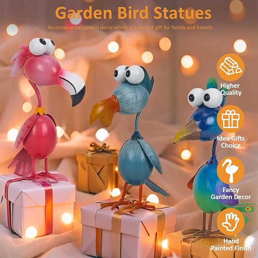 Set of 3 Metal Bird Garden Statues - Flamingo, Peacock, and Pelican Outdoor Decor