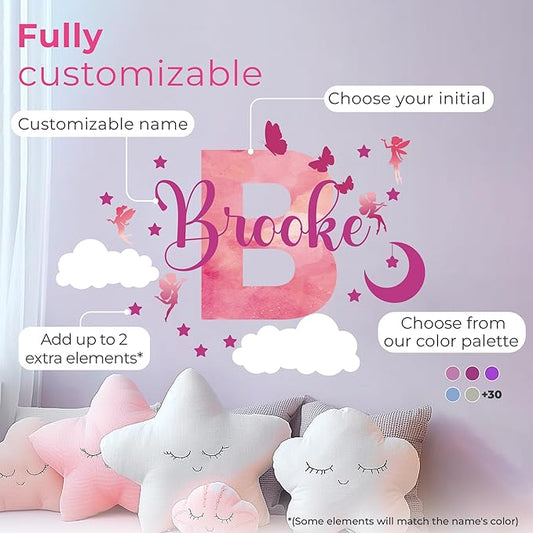 Pink watercolor letter B name wall decal with butterflies, stars, and cloud accents