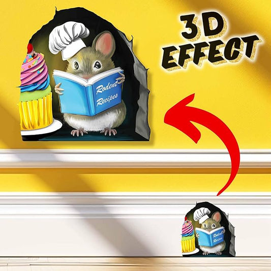 3D-style wall sticker decal of a mouse reading a blue book beside a cupcake