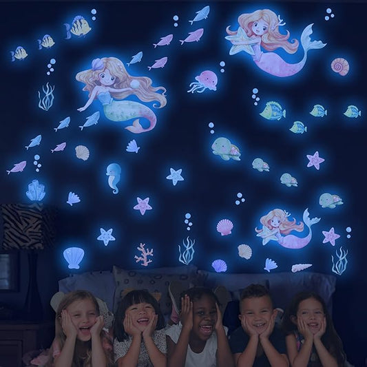 Glow in the Dark Mermaid Wall Decals – 68 Pcs Blue Glow Ocean Stickers | Mermaid Turtle Seahorse Jellyfish Starfish | Peel & Stick Ceiling Wall | Nursery Playroom Bedroom Gift