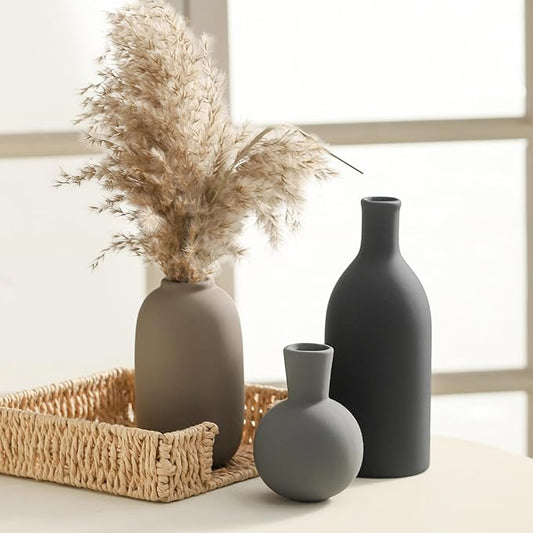 Ceramic vase set of three with tall neck and bulb shapes in dark gray and taupe tones