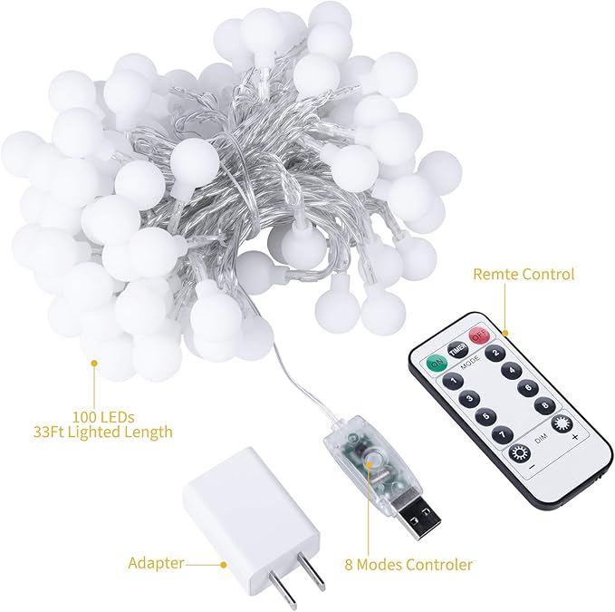 USB Mini Globe String Lights – 33ft 100 LED | 2-in-1 Multicolour & Warm White | 8 Modes Remote Timer | Indoor Outdoor Party Wedding Christmas Camping