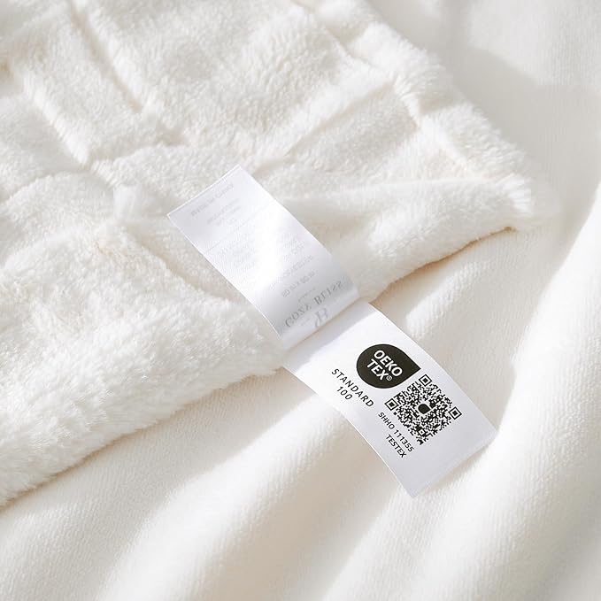 Ivory Checkered Faux Fur California King Blanket – 90"x108" | 450GSM 3D Jacquard Check Pattern | OEKO-TEX Certified Classic Throw for Cal King Beds