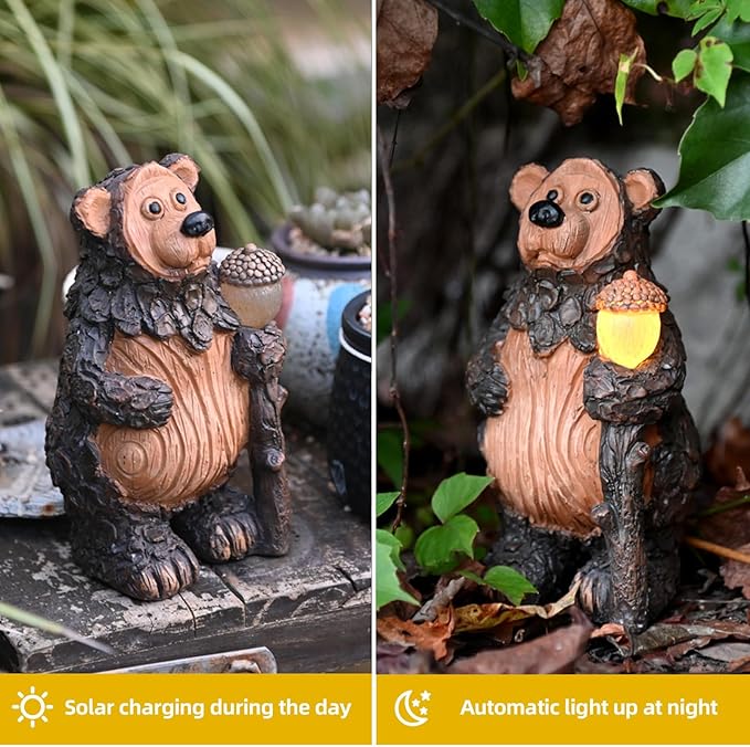 Bear Solar Garden Statue with LED Lights - Waterproof Resin Outdoor Decor