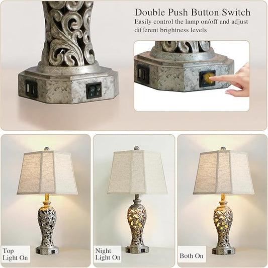 Pair of table lamps, gray base close-up with dual USB charging ports and switch