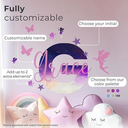 Custom name wall decal design sheet with butterflies and moonlit night-sky letter