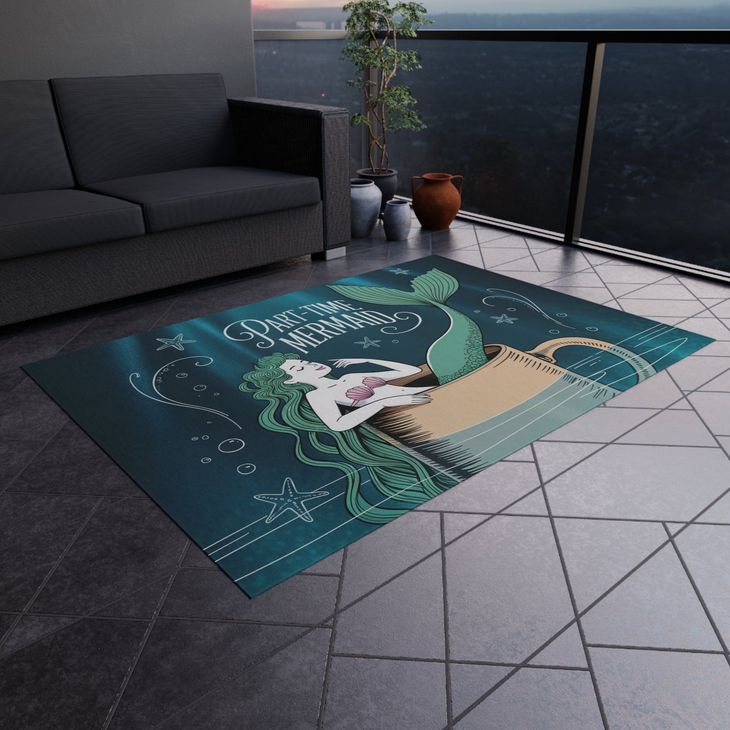 Part-Time Mermaid Outdoor Rug – Whimsical Mermaid in a Coffee Cup Chalk Art | Non-Slip UV-Resistant | 4 Sizes | Beach House Patio Coastal Decor