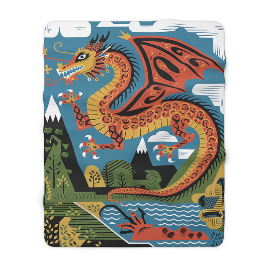Mexican Dragon Sherpa Fleece Blanket - Folk Art Dragon Throw for Dragon Lovers, 50x60 and 60x80 Plush Sherpa Gift