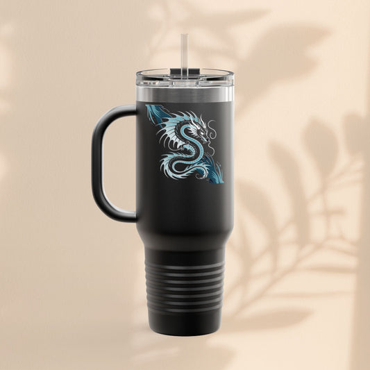 Black insulated travel mug with handle, clear lid and straw, dragon graphic on side