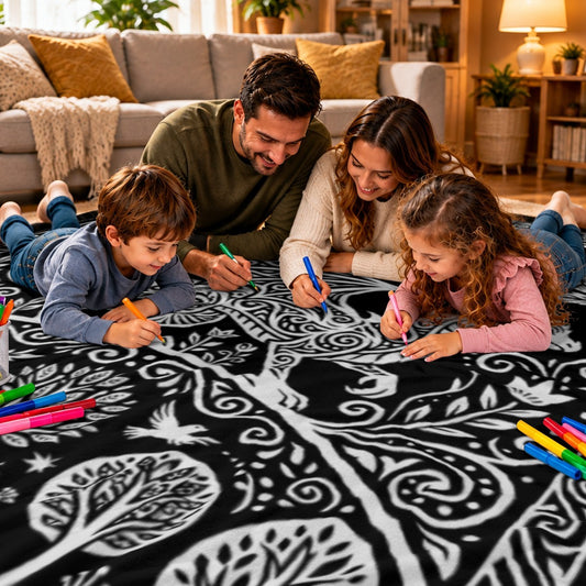 Dragon doodle coloring blanket, family drawing together with fabric markers on the bed