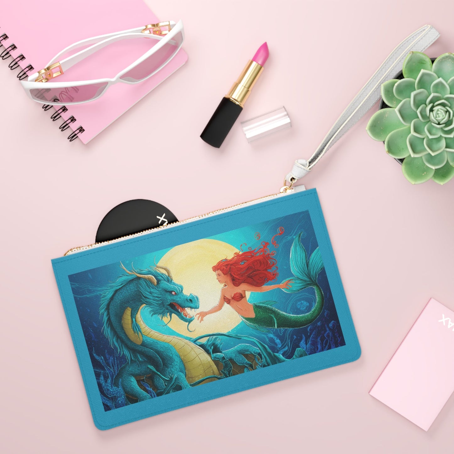 Mermaid and Her Dragon Clutch Bag - Red-Haired Mermaid Reaching for Her Sea Dragon Under a Full Moon, Fantasy Ocean Wristlet in Saffiano PU Leather