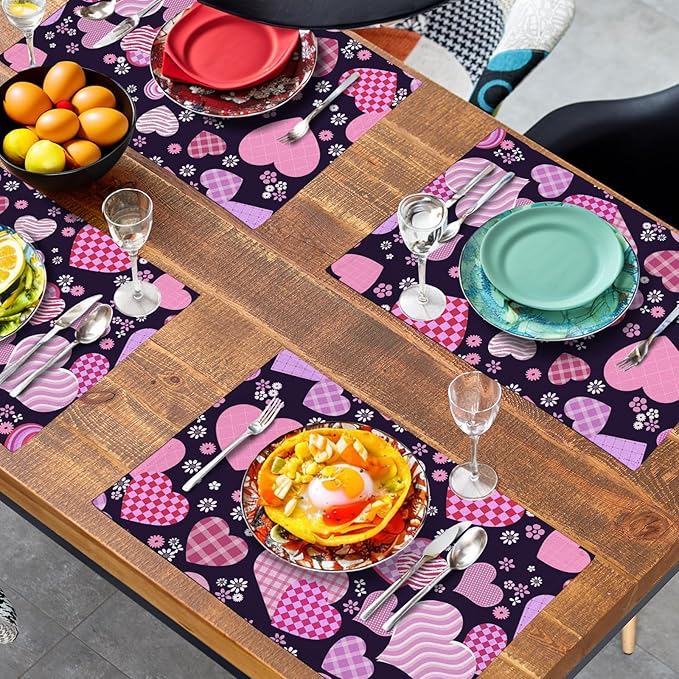 Patterned Love Hearts Valentine's Day Placemats, Set of 4 – 12 x 18-Inch Washable Cotton Linen Table Mats for Anniversary, Wedding Parties & Indoor or Outdoor Kitchen Dining Decor