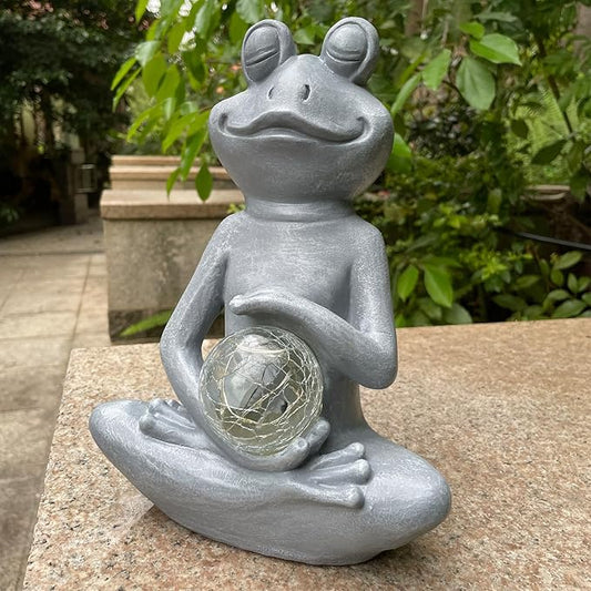 Solar Yoga Frog Garden Statue - Meditating Zen Frog Outdoor Decor with LED Light