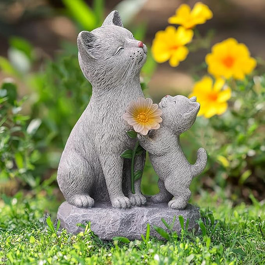 Mother and Kitten Solar Cat Garden Statue - Resin Cat Figurine with Flower LED Light for Garden, Pathway, Patio, Balcony, and Home