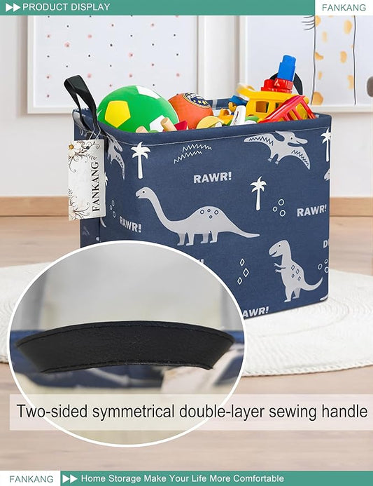 Dinosaur Canvas Storage Bin - Foldable Waterproof Navy Dino Basket for Boys Room, Toys, and Kids Gifts