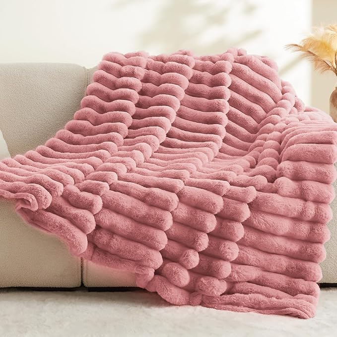 Pink Faux Rabbit Fur Throw Blanket – 50"x60" | 770GSM Double-Sided Luxury Fluffy Blanket | 3D Striped Plush Couch Throw for Women
