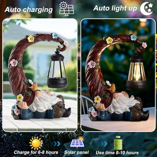 Garden gnome solar light statue with glowing lantern, curling vine garland and small bird
