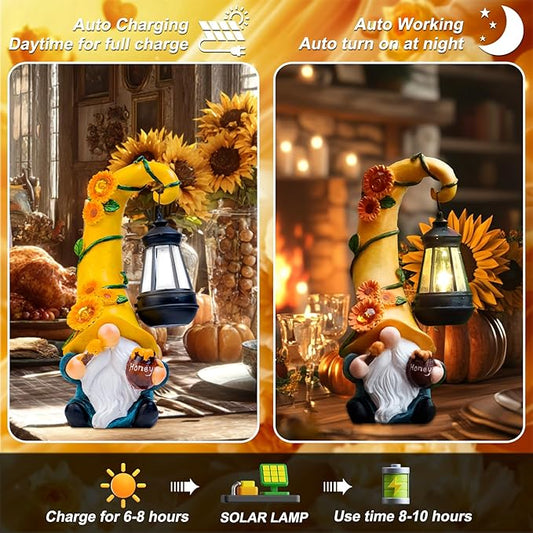 Yellow gnome with sunflower wreath, holding honey jar and black solar lantern