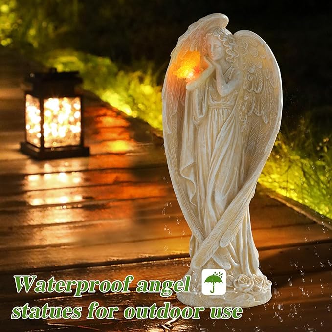 Large Solar Angel Garden Statue with Glowing Butterfly - Resin Outdoor Lawn and Patio Decor