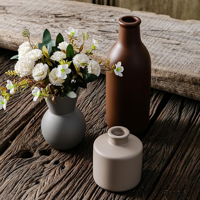 Ceramic vase set with faux white chrysanthemum blooms, brown and gray vases