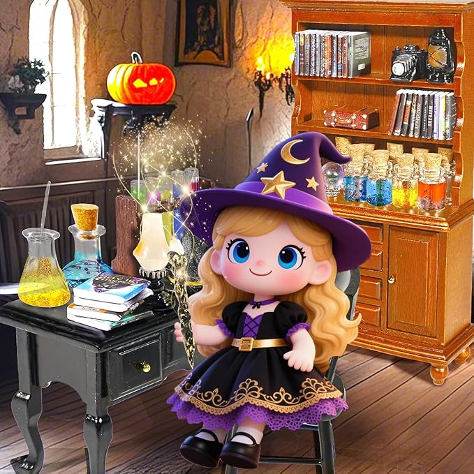 Witchy dollhouse miniature witch figure in purple outfit with potions and books backdrop