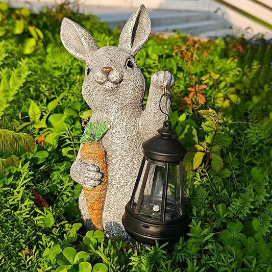 Solar Rabbit Garden Statue with Lantern and Carrot - Handmade Resin Pathway and Patio Decor