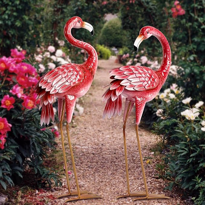 2-Pack Large Metal Flamingo Garden Statues - Weather-Resistant Bird Yard Art