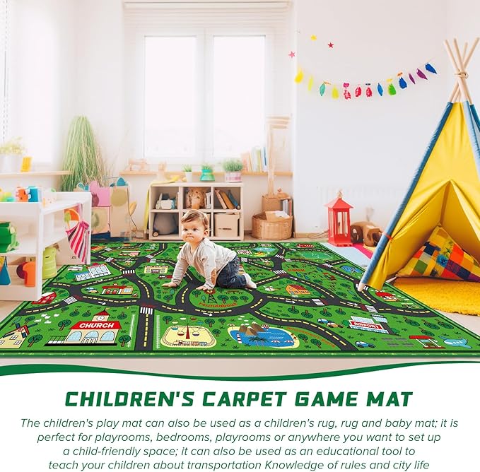 Green city traffic playmat rug with roads and place icons in a playroom setting