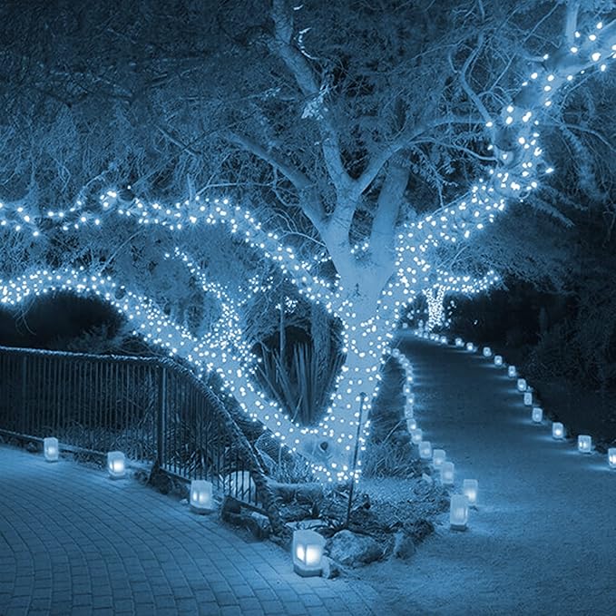 Outdoor LED string lights with cool white bulbs on green wire along a walkway