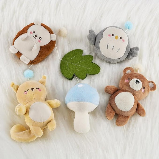 Plush forest-animal crib mobile toys with leaf topper and blue pom-pom accents