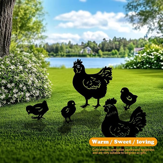 Black Chicken Metal Garden Stakes Set of 5 - Weather-Resistant Silhouette Yard Decor for Lawns, Gardens, Patios, Flower Beds, and Chicken Lovers