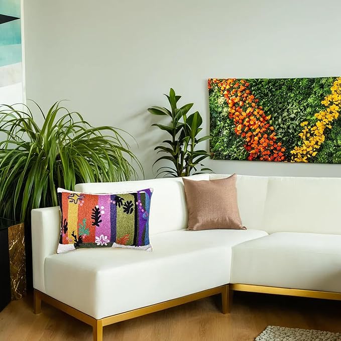 Lumbar pillow cover with multicolor floral stripe embroidery on a sofa cushion