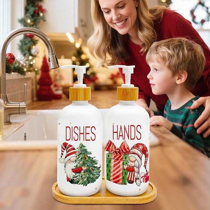 Set of 2 Christmas soap dispensers on wooden tray, pumps with DISHES and HANDS labels