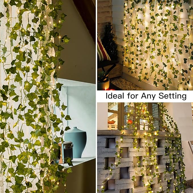 Ivy Vine Curtain Lights – 6.5ft x 6.5ft 200 LED Warm White | Copper Wire | Pre-Attached Leaf Curtain | Remote Timer 8 Modes | Bedroom Dorm Wedding Party Wall