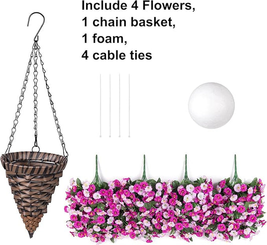 Hanging faux flower basket set with dark rattan cone planter and metal chains