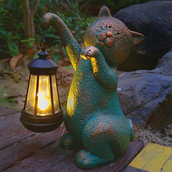 Solar Cat Garden Statue Holding Lantern - Resin Outdoor Decor with Warm Welcoming Glow
