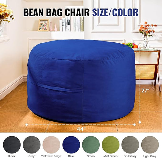 4ft Royal Blue Velvet Bean Bag Chair - Bold Sponge Fill Lounger for Boys Rooms, Gaming, and Family Comfort