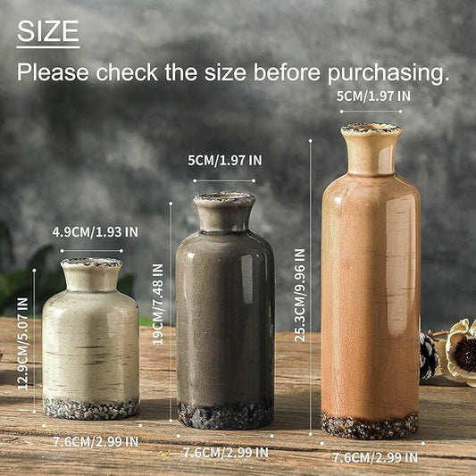 Three ceramic vases in terracotta, cream, and dark gray, shown with size labels