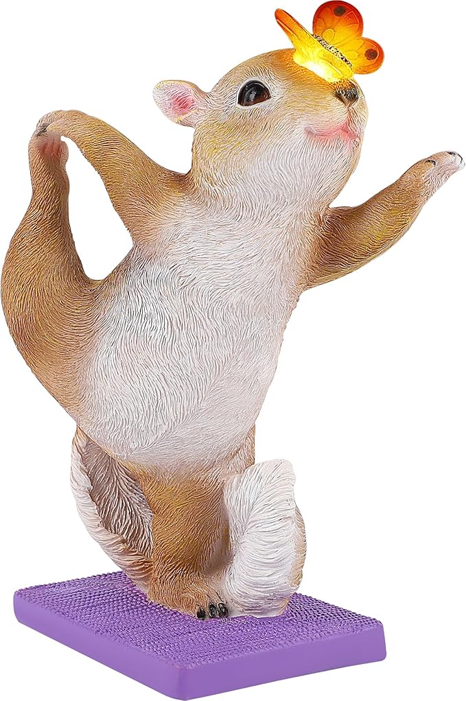 Solar Yoga Squirrel Garden Statue with Lighted Butterfly - IP44 Resin Outdoor Decor