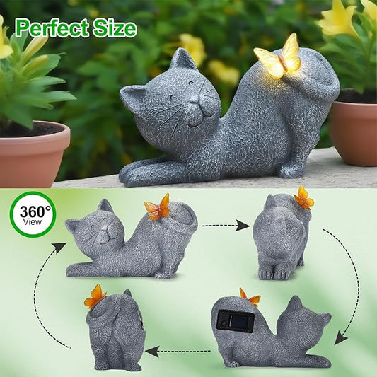 Solar Cat Garden Statue with Lighted Butterfly - IP65 Resin Outdoor Decor