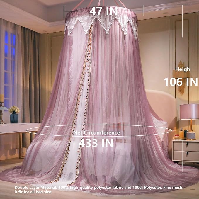Princess Bed Canopy with Star String Lights – Double-Layer Round Lace | Fits All Bed Sizes | Girls & Adults Fairy Tale Bedroom Canopy