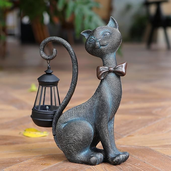 Bronze Solar Cat Garden Statue with Lantern Tail - Resin Outdoor Decor