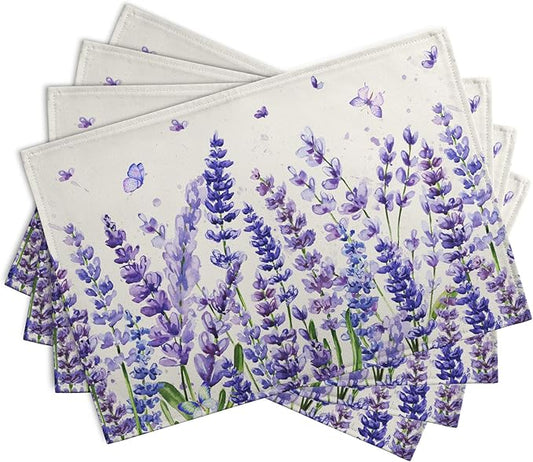 Set of 4 placemats stacked, showing purple lavender and butterfly print on ivory.