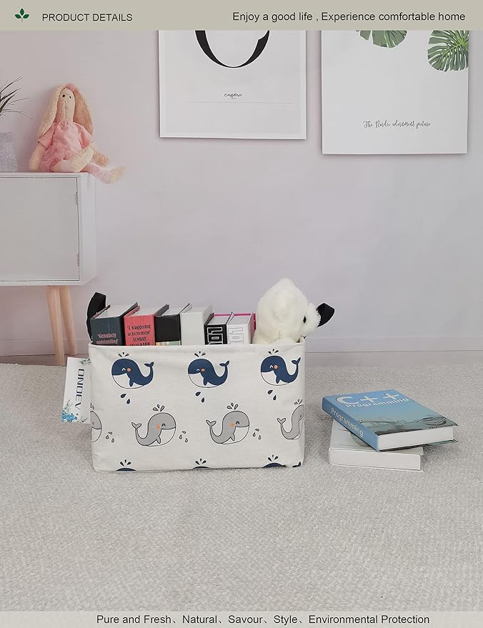Whale Print Canvas Storage Basket - Waterproof Collapsible Nursery Basket for Toys, Laundry, and Baby Gifts
