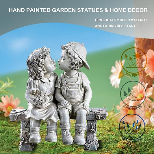 First Kiss Couple Garden Statue - Boy and Girl Resin Outdoor Decor