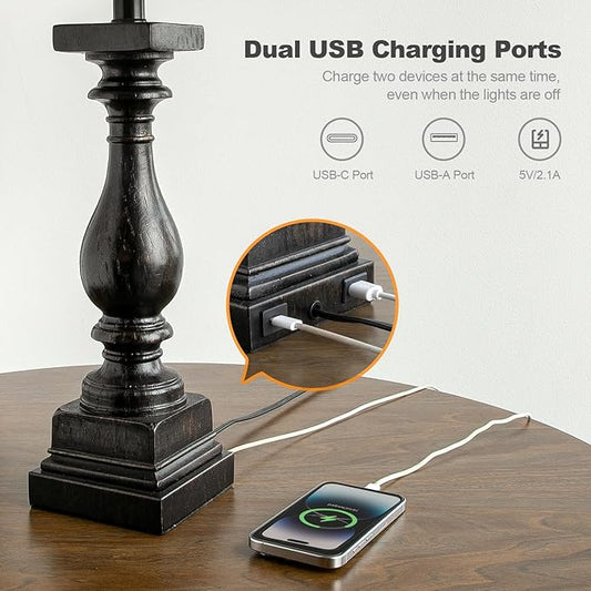 Black farmhouse table lamp with dual USB charging ports and connected USB cables