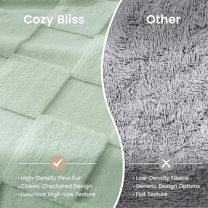 Sage Green Checkered Faux Fur Queen Blanket – 90"x90" | 450GSM 3D Jacquard Check Pattern | OEKO-TEX Certified Botanical Throw for Bed & Couch