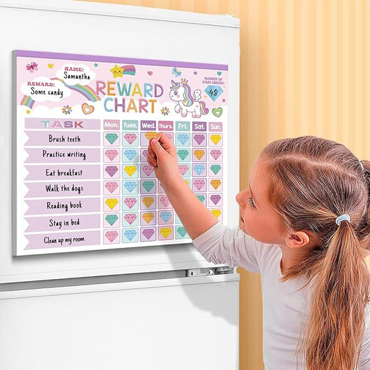 Kids reward chart board with unicorn design and chore task grid for home display